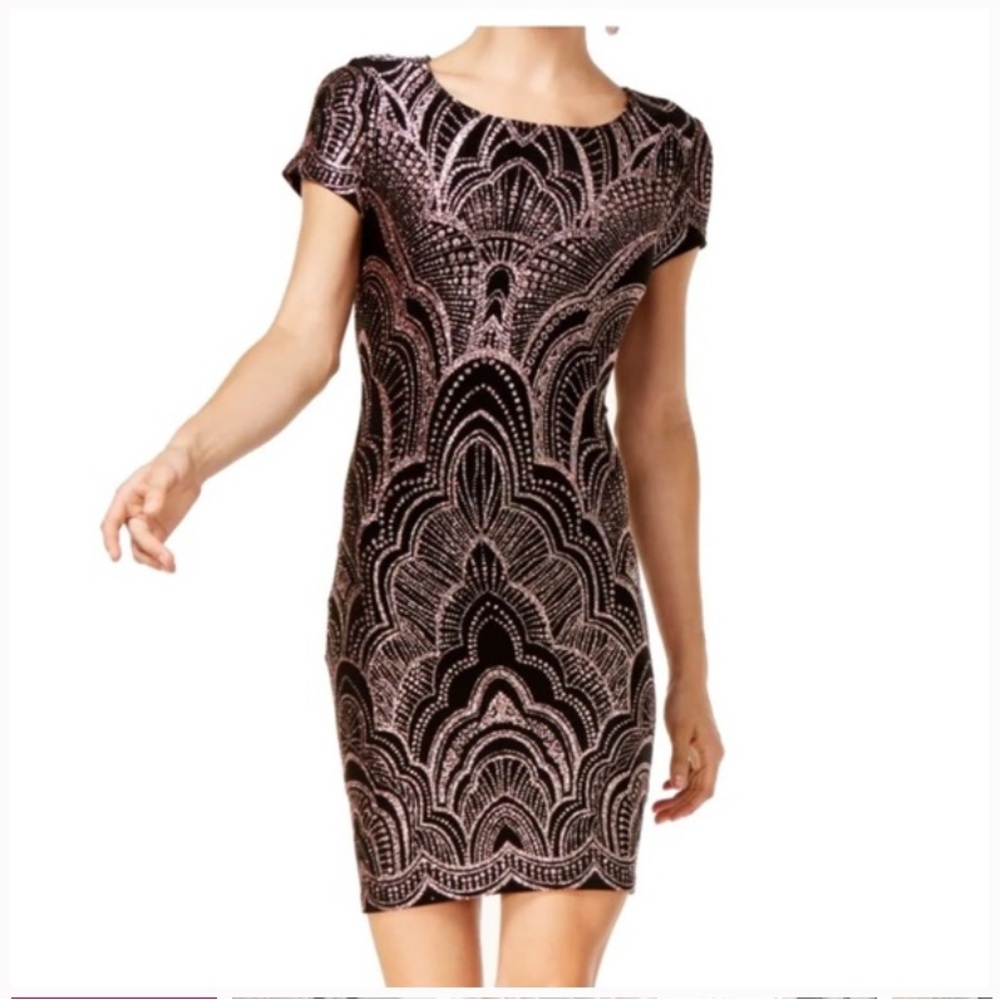Black Rose Gold Glitter Mini Dress Art Deco Sequin Party Cocktail NYE Small